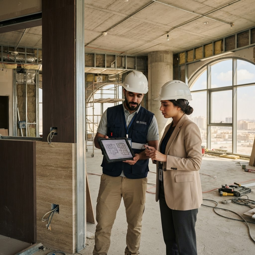مهندسان يشرفان على أعمال التشطيب في موقع إنشائي