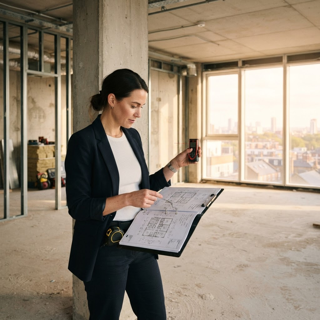 مهندس يقيس شقة ويراجع المخطط ثنائي الأبعاد