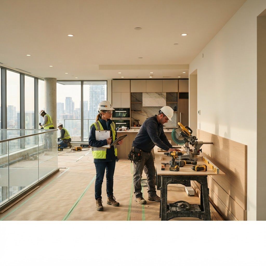 عمال ومهندس يشرفون على أعمال التشطيب الداخلي